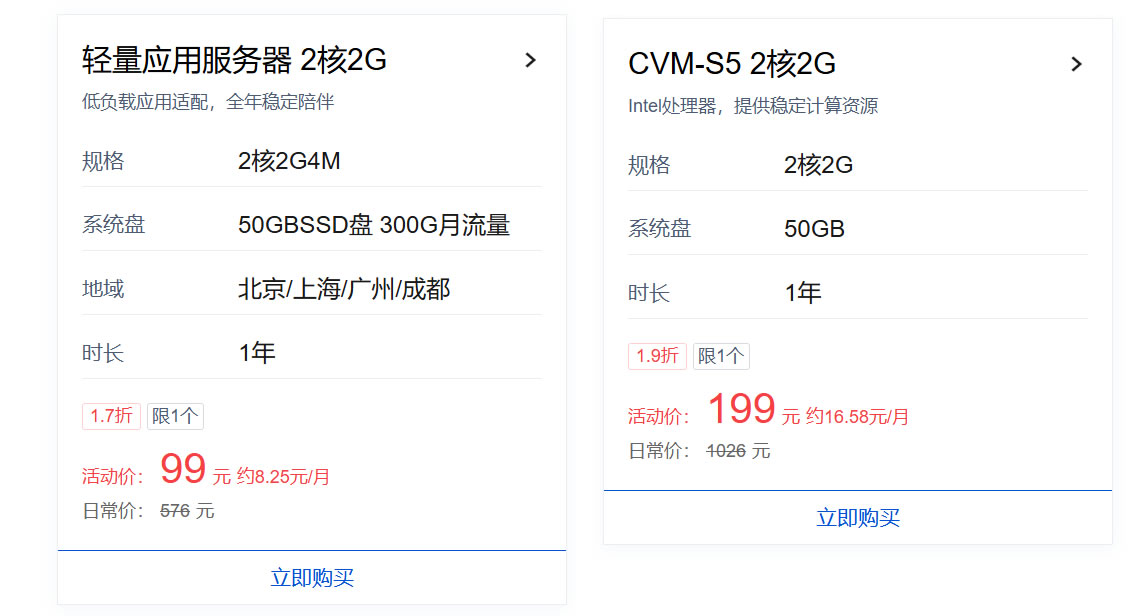 轻量应用服务器与 CVM 价格对比